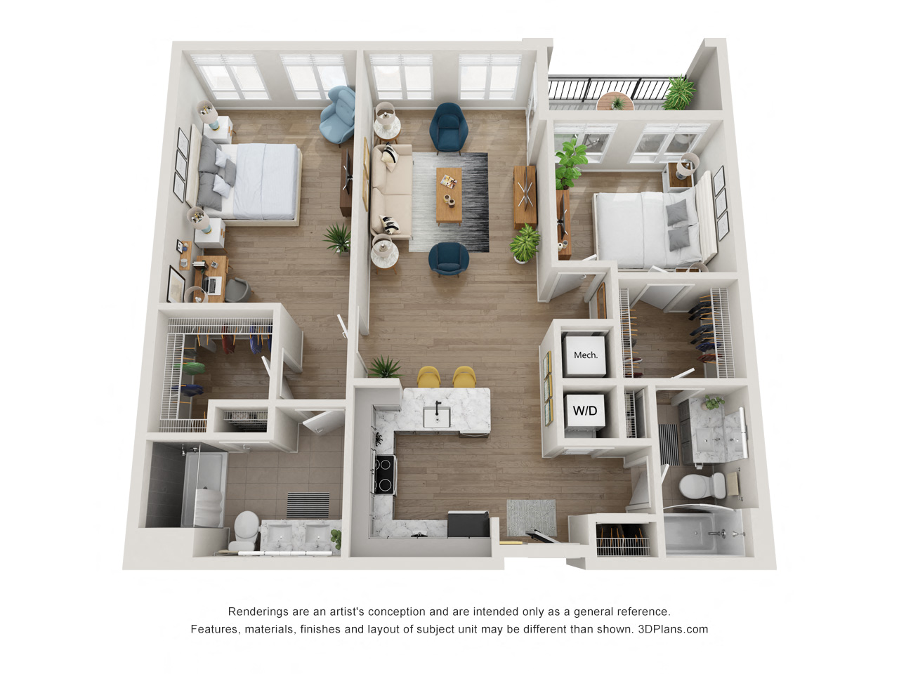 Floor plan for 2 beds, 2 baths, 1060 sqft